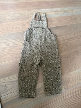 Zara Neutral Floral Ribbed Overalls - Tan 18-24M